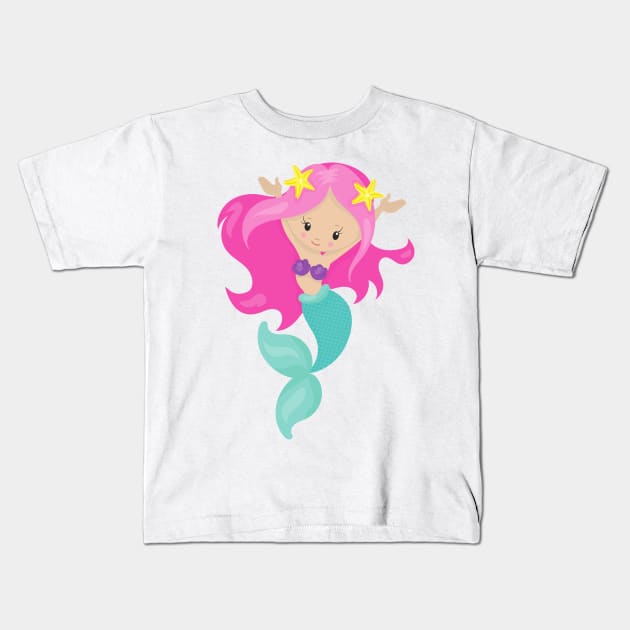 Cute Mermaid, Little Mermaid, Starfish, Pink Hair Kids T-Shirt by Jelena Dunčević